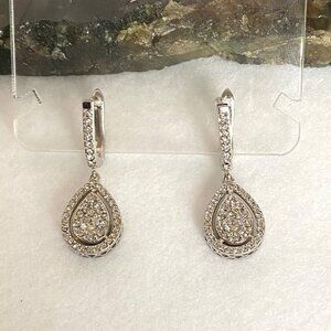 Sterling Silver 925 Cubic Zirconia CZ Teardrop Dangle Earrings Hinged Back